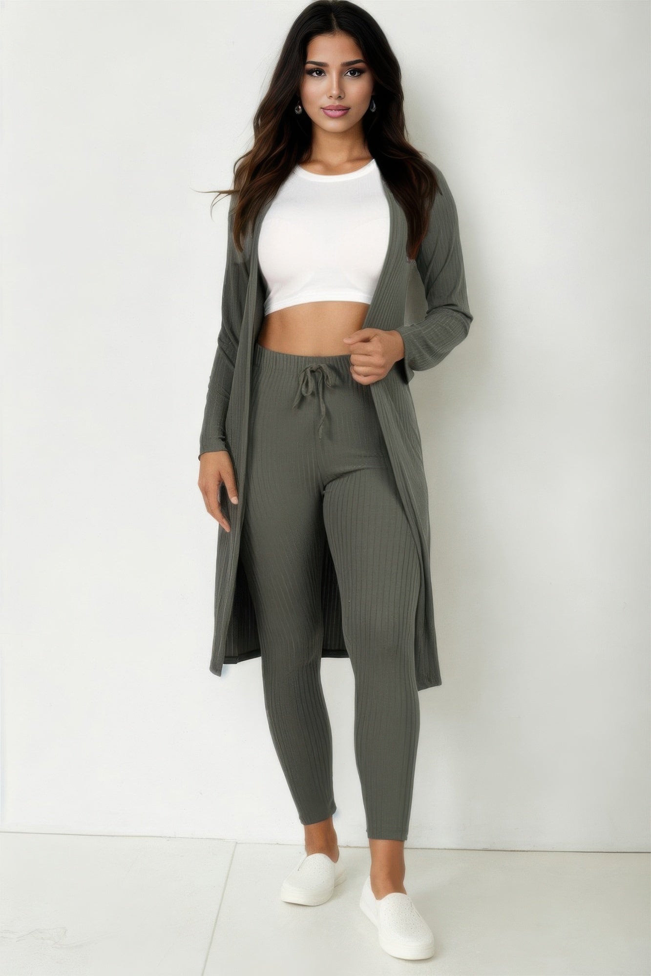 Olive Ribbed Long Cardigan & Leggings Set front view