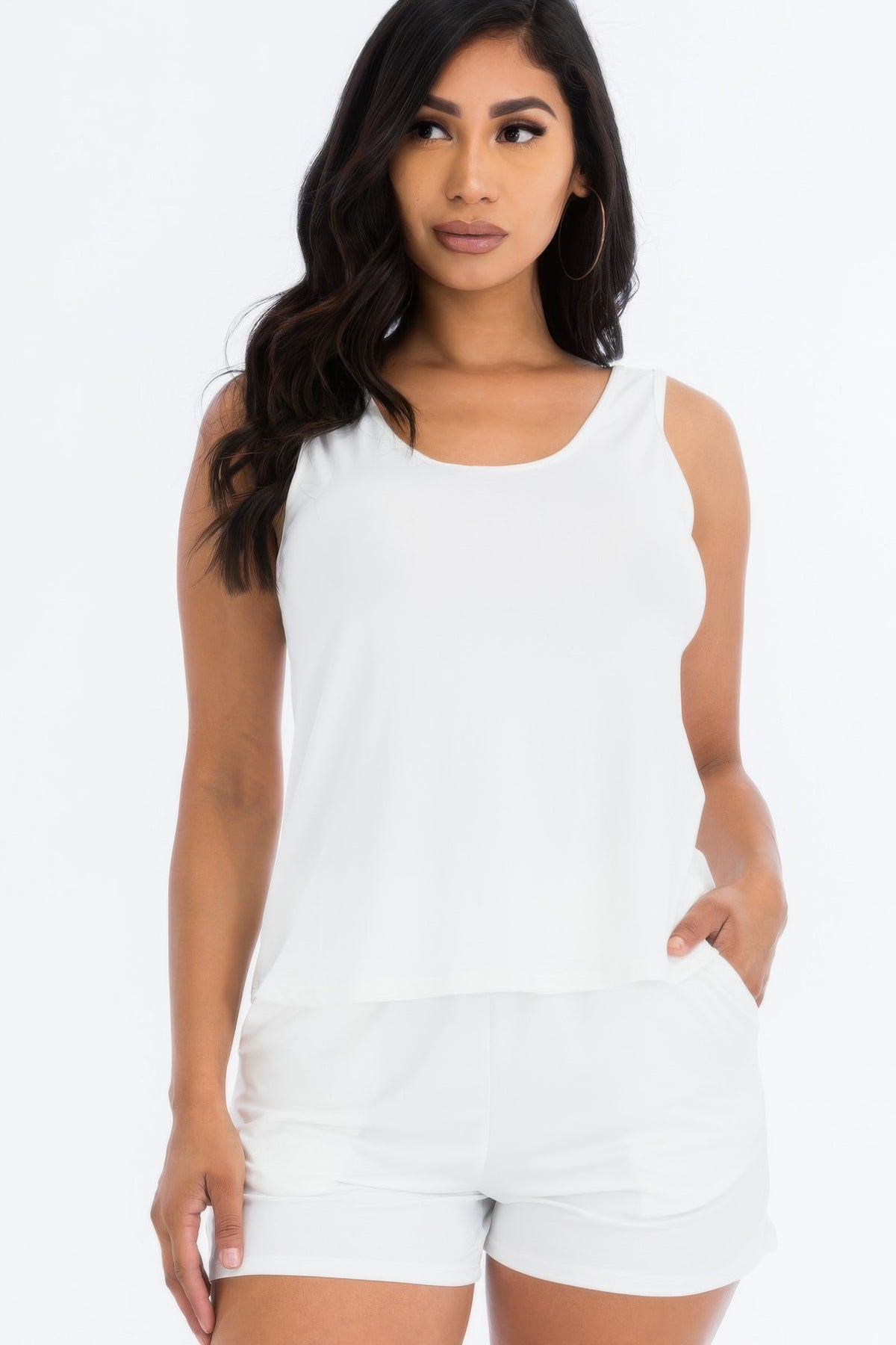 Adult model wearing the White Comfy Tank Top & Shorts Set with scoop-neck tank and pocketed shorts