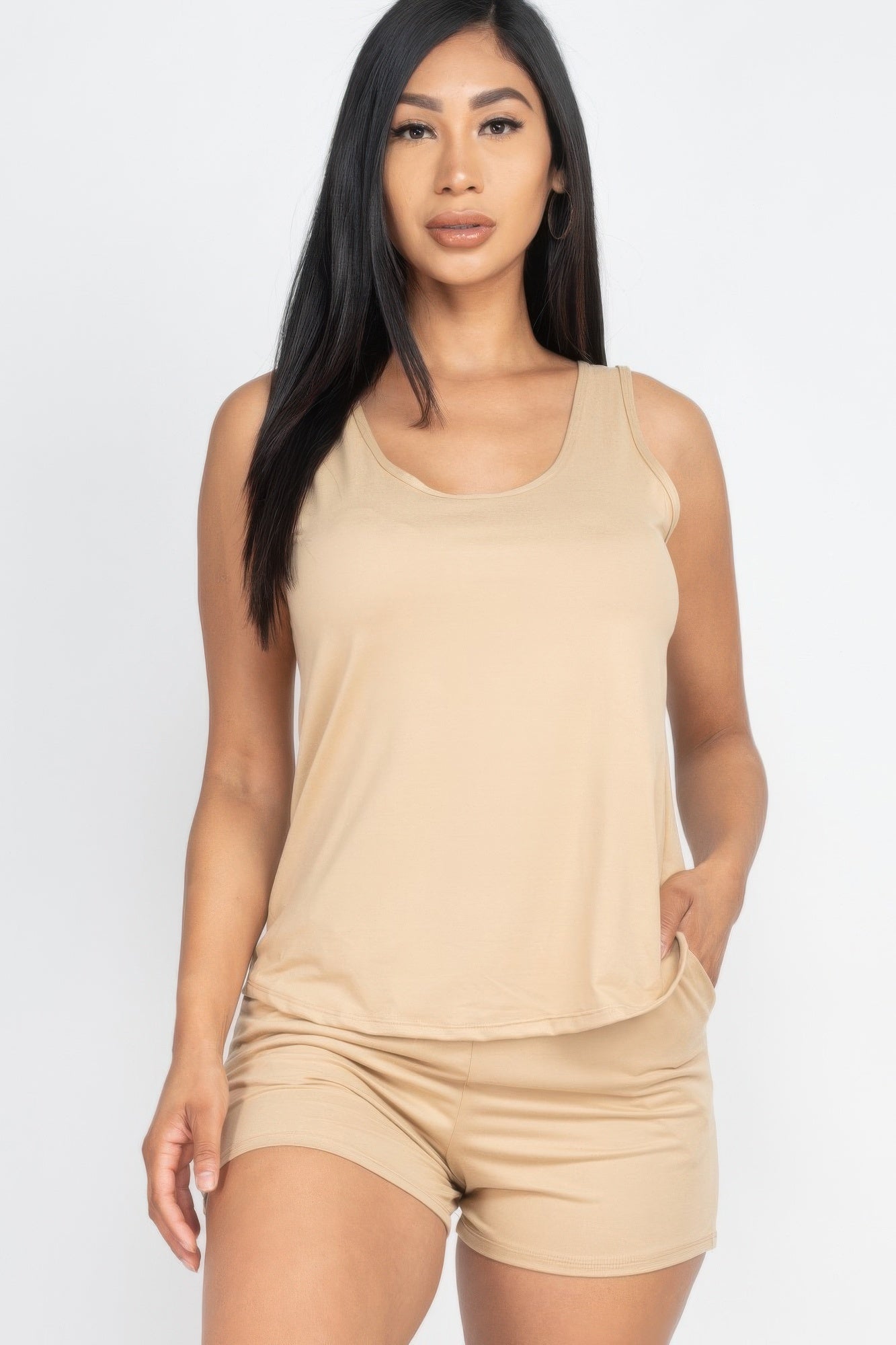 Adult model wearing the Khaki Comfy Tank Top & Shorts Set with scoop-neck tank and pocketed shorts