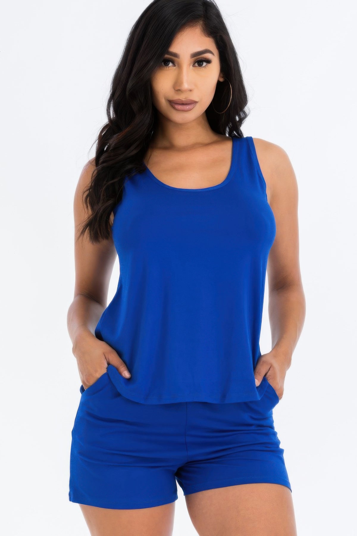 Adult model wearing the Royal Comfy Tank Top & Shorts Set with scoop-neck tank and pocketed shorts