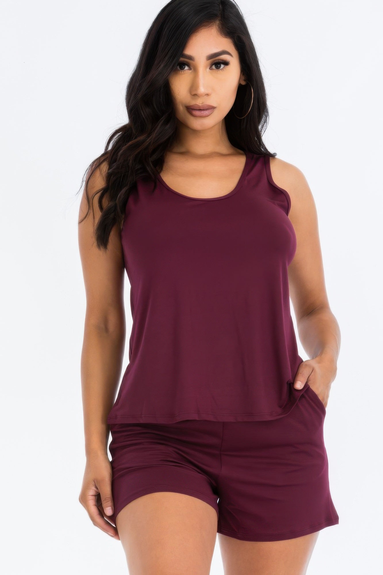 Adult model wearing the Burgundy Comfy Tank Top & Shorts Set with scoop-neck tank and pocketed shorts