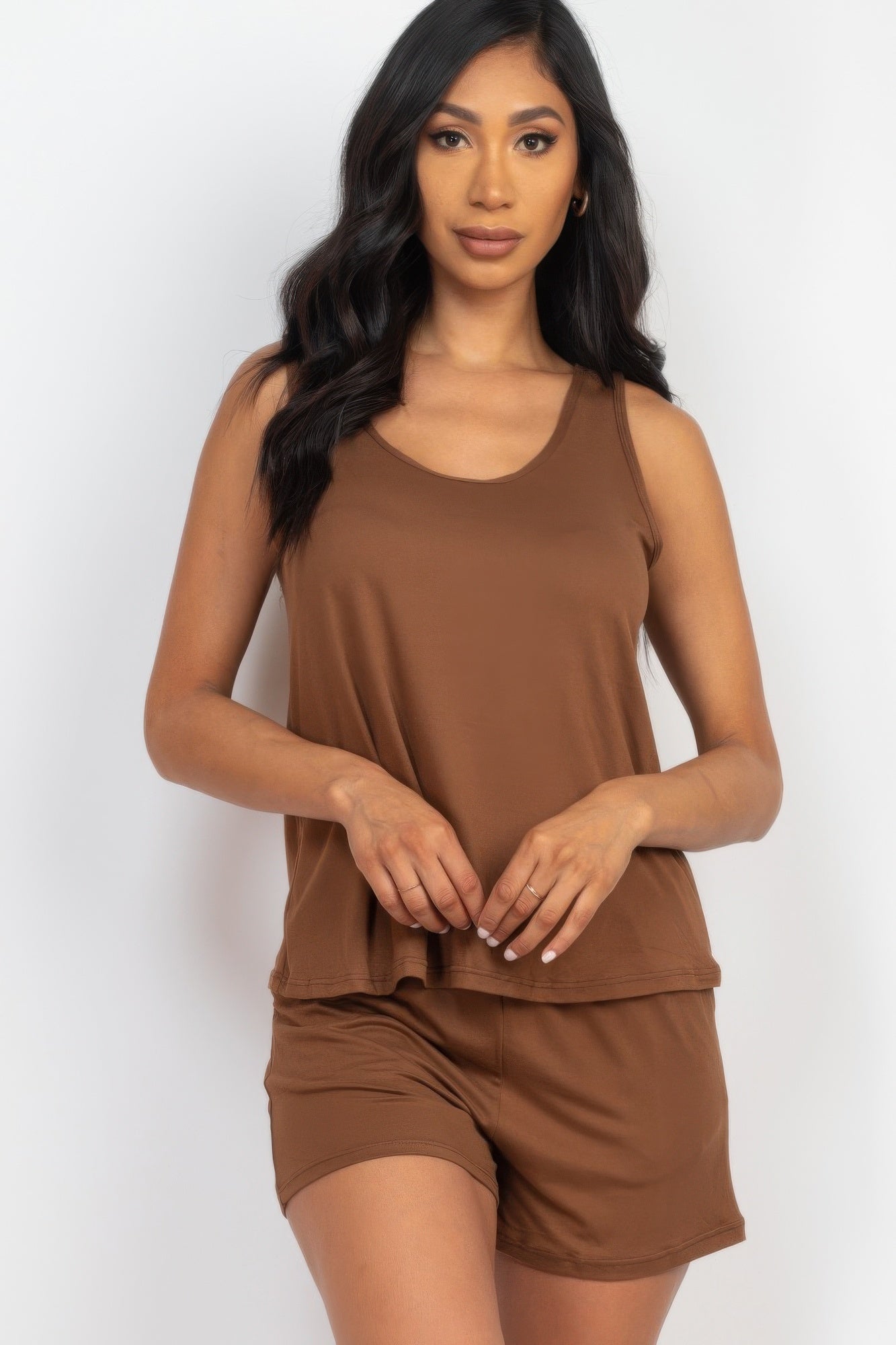 Adult model wearing the Downtown Brown Comfy Tank Top & Shorts Set with scoop-neck tank and pocketed shorts