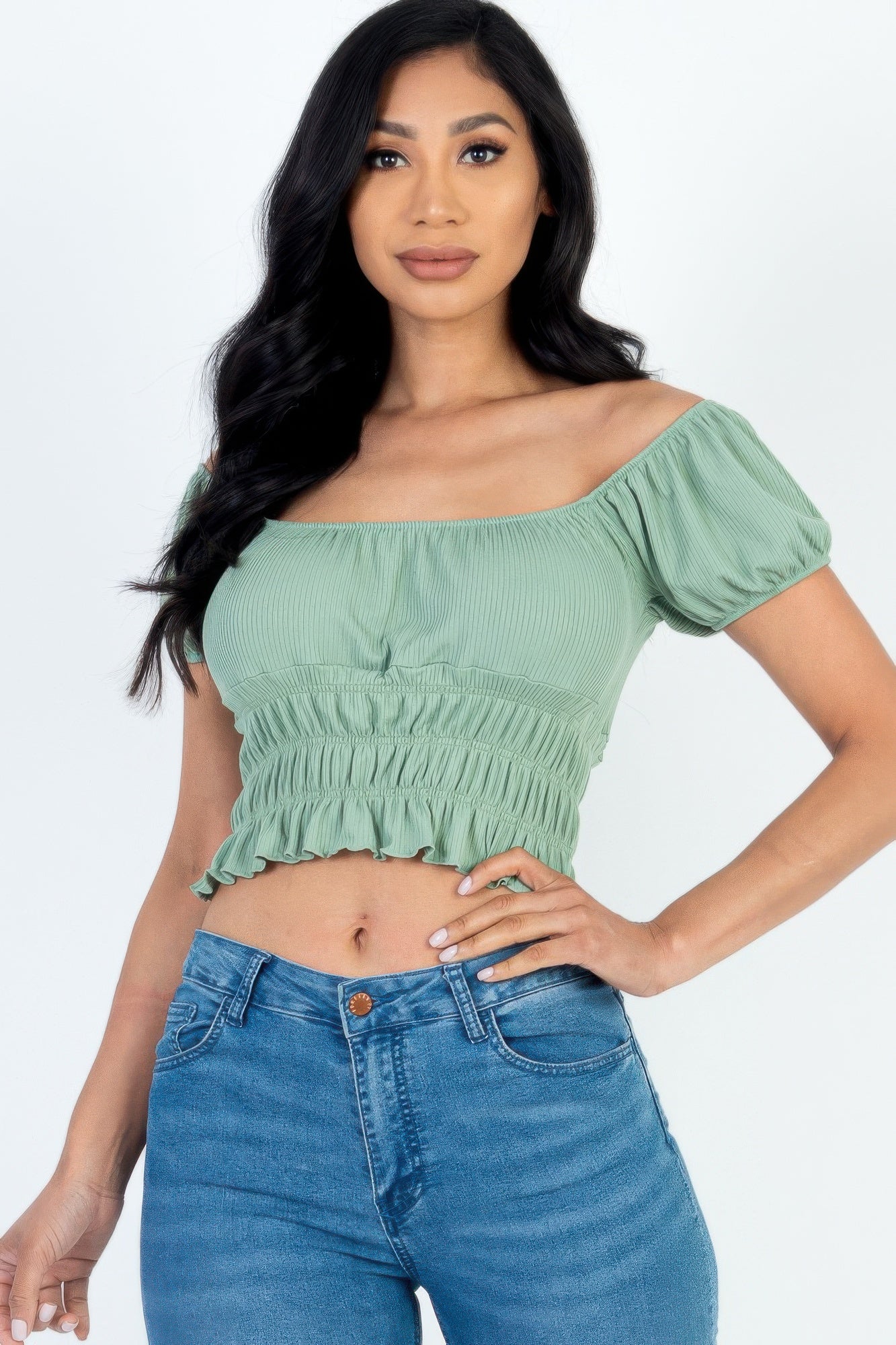 Green bay front view of Casual Ruched Puff Sleeve Ribbed Knit Solid Top