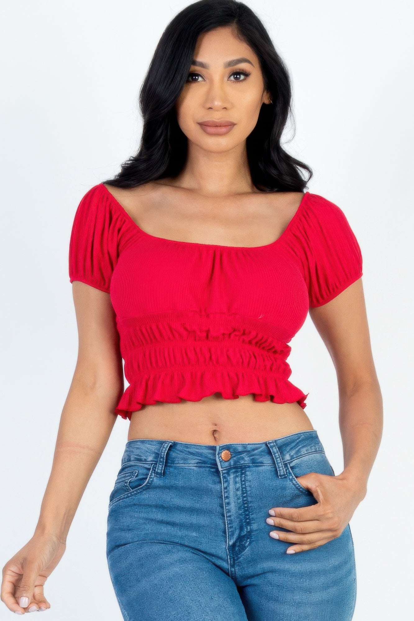 Red front view of Casual Ruched Puff Sleeve Ribbed Knit Solid Top