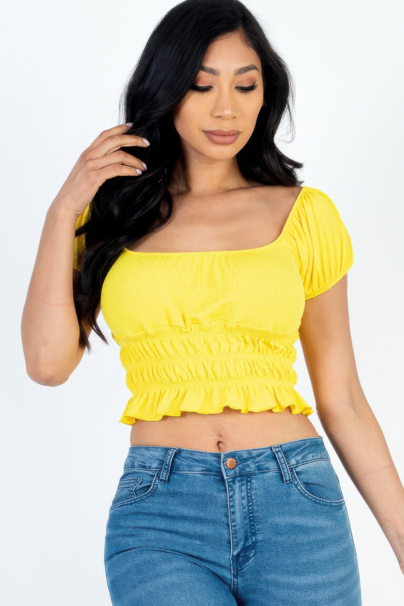 Yellow front view of Casual Ruched Puff Sleeve Ribbed Knit Solid Top