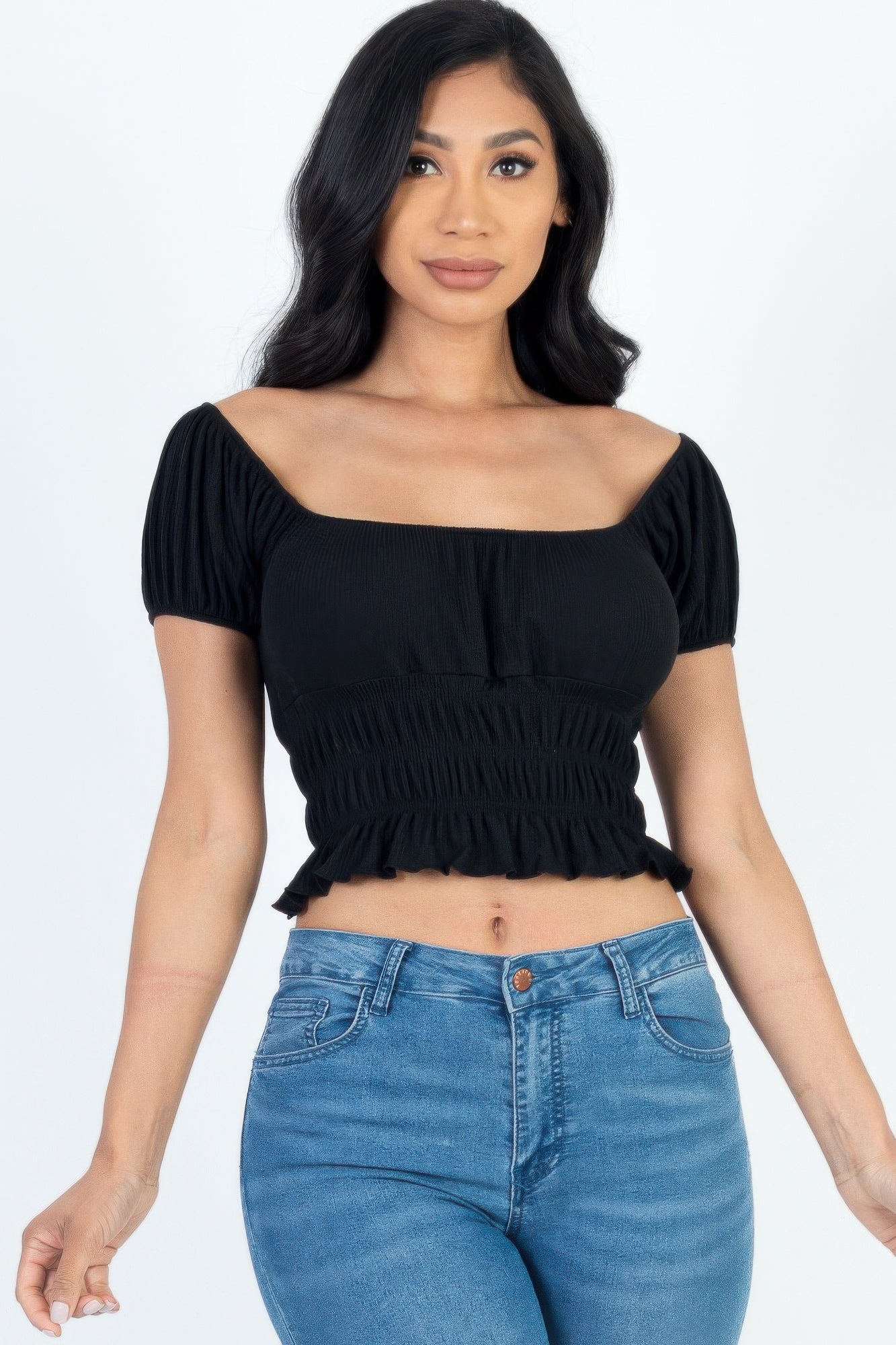 Black front view of Casual Ruched Puff Sleeve Ribbed Knit Solid Top