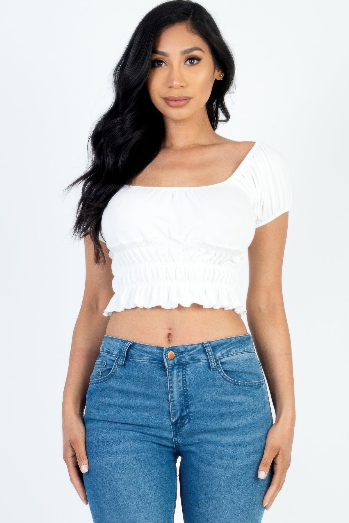 White front view of Casual Ruched Puff Sleeve Ribbed Knit Solid Top