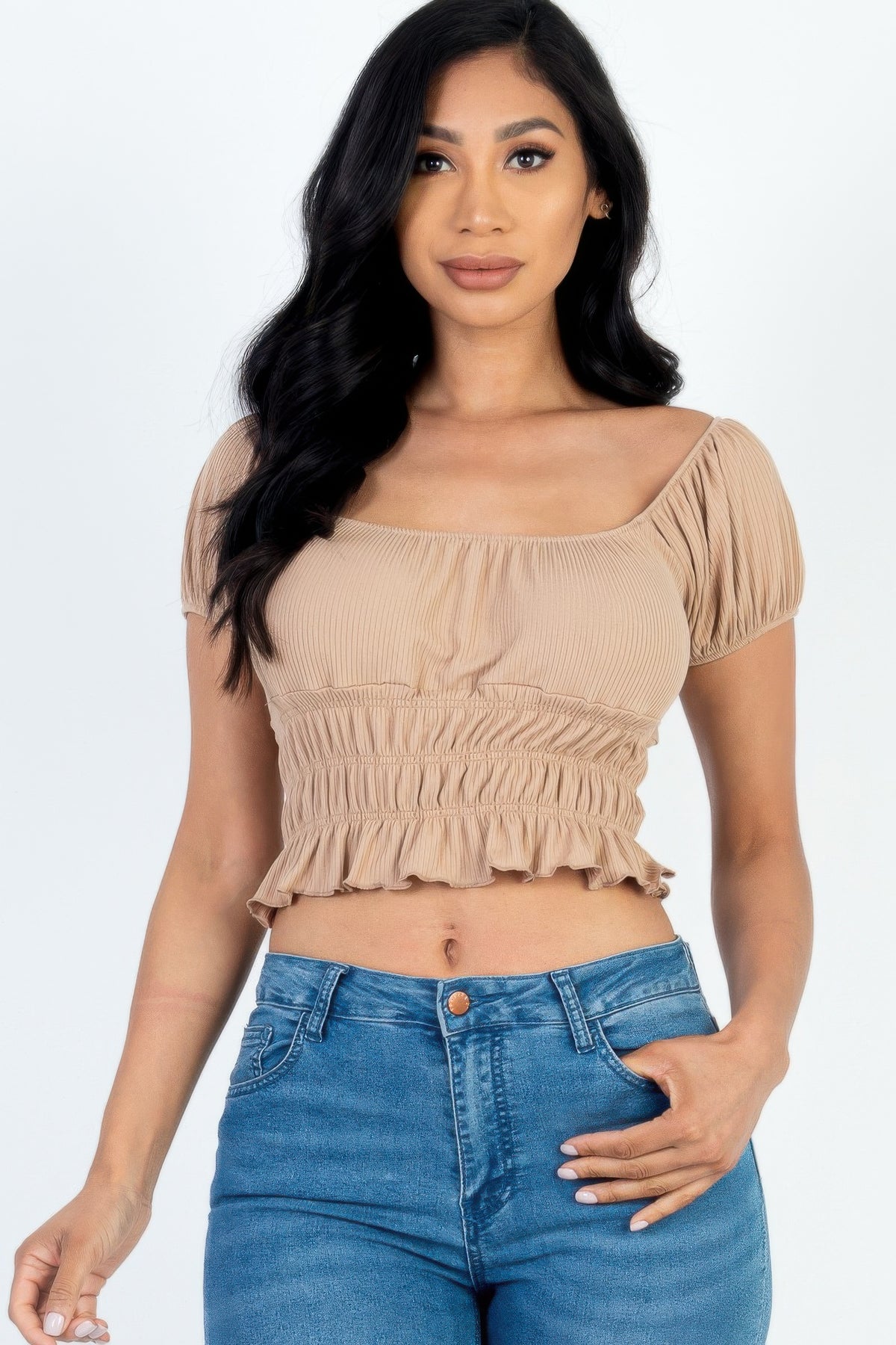 Latte front view of Casual Ruched Puff Sleeve Ribbed Knit Solid Top