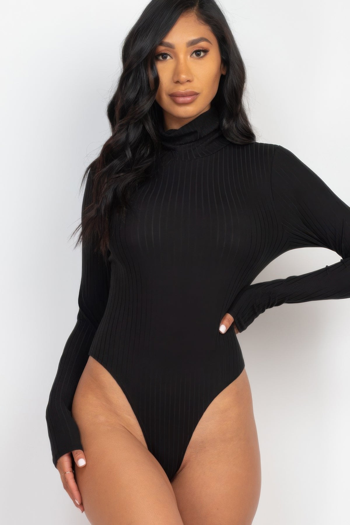 Black Ribbed Turtle Neck Long Sleeve Bodysuit shown from the front with full-length sleeves