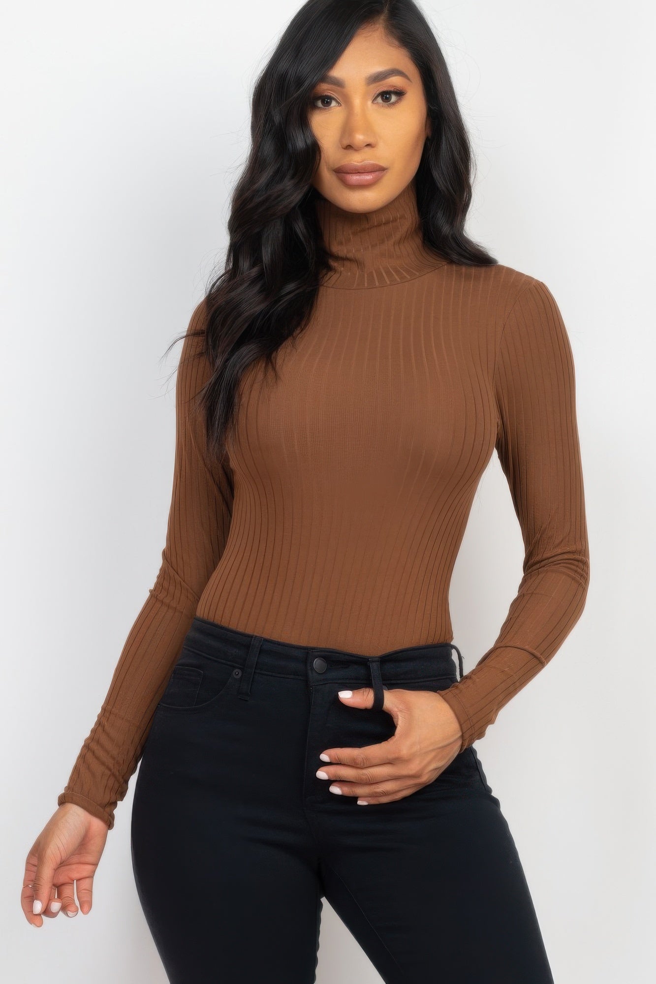 Downtown brown Ribbed Turtle Neck Long Sleeve Bodysuit styled with black trousers