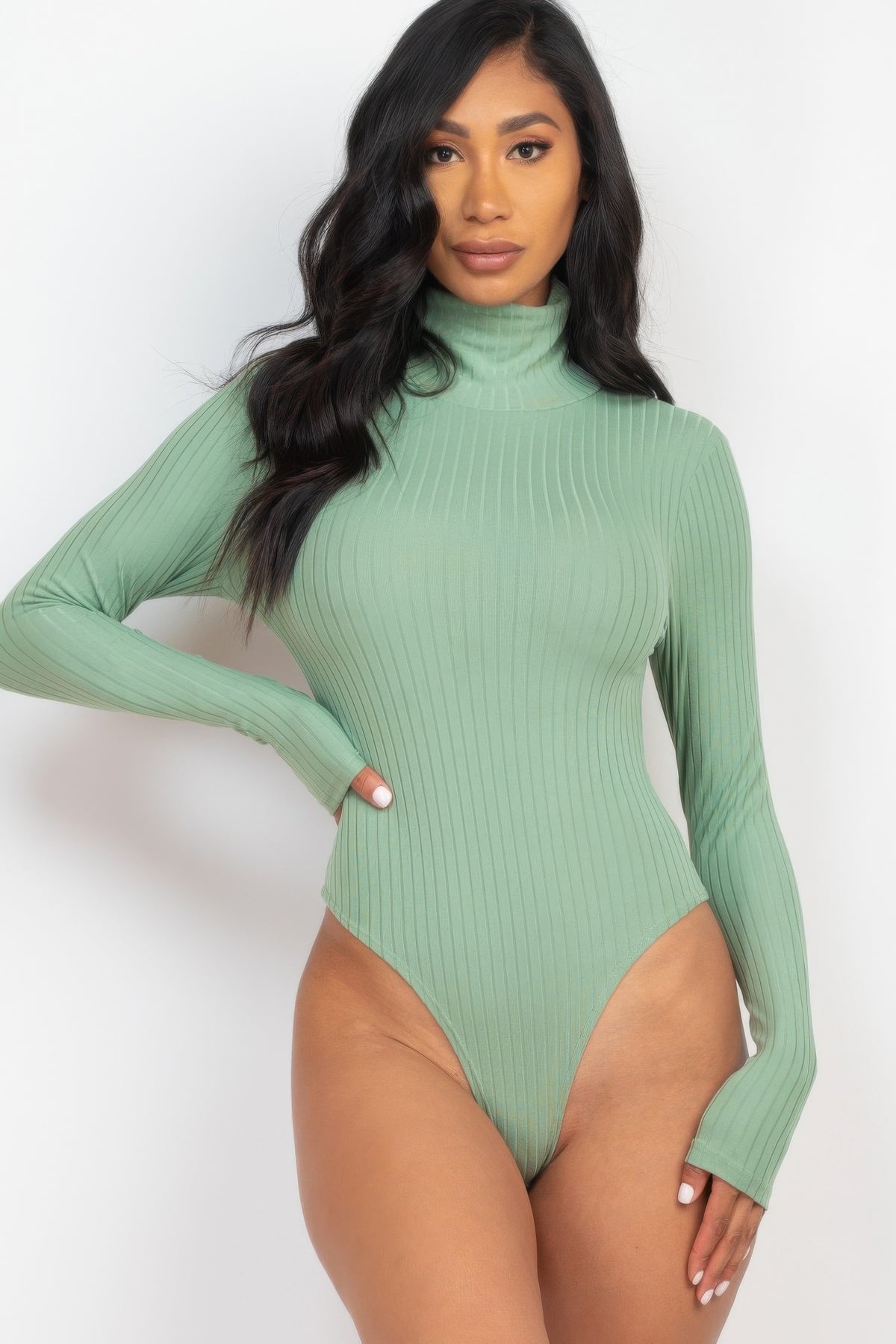 Chive blossom Ribbed Turtle Neck Long Sleeve Bodysuit shown from the front
