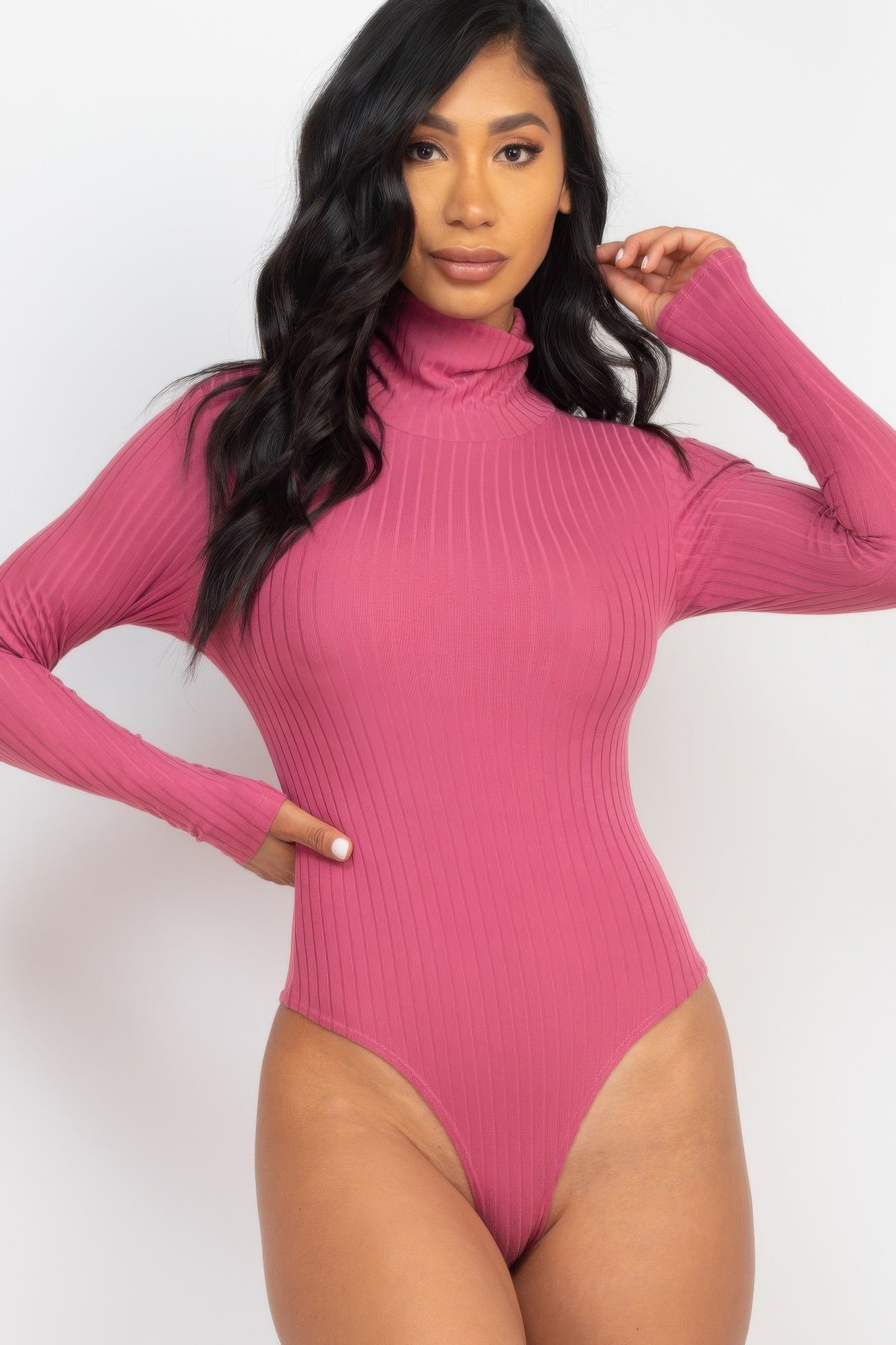 Dark mauve Ribbed Turtle Neck Long Sleeve Bodysuit shown from the front