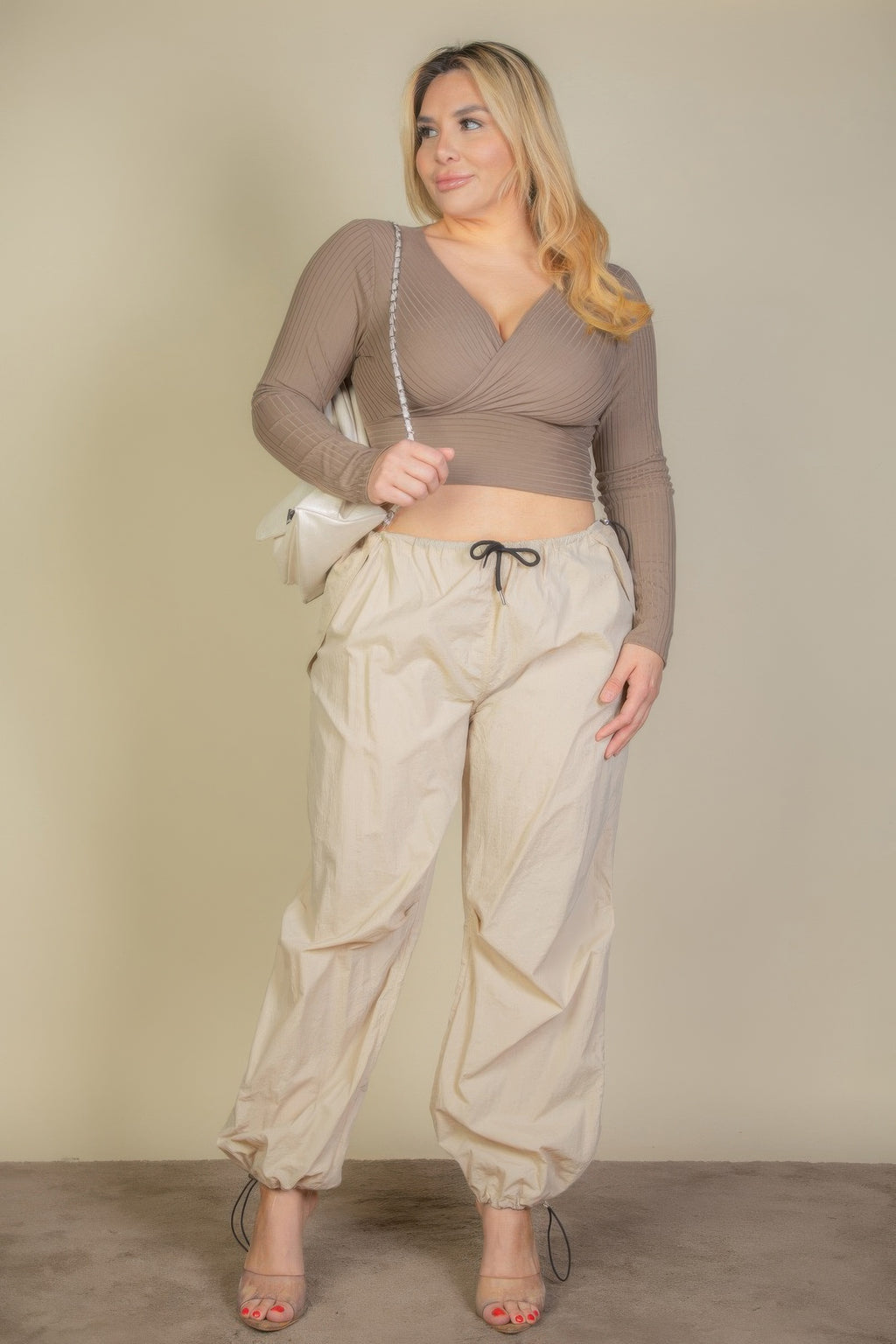 Taupe plus-size ribbed wrap-front long-sleeve crop top, full outfit view