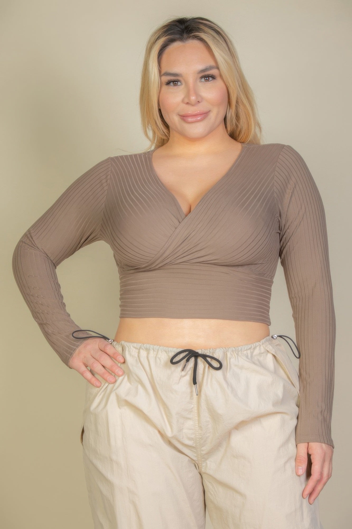 Taupe plus-size ribbed wrap-front long-sleeve crop top, close front view