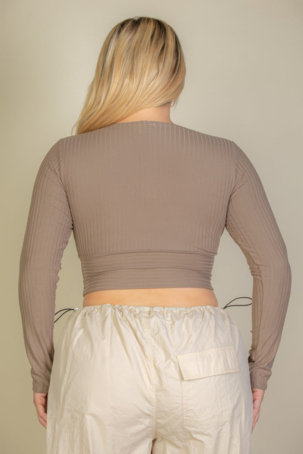 Black plus-size ribbed wrap-front long-sleeve crop top