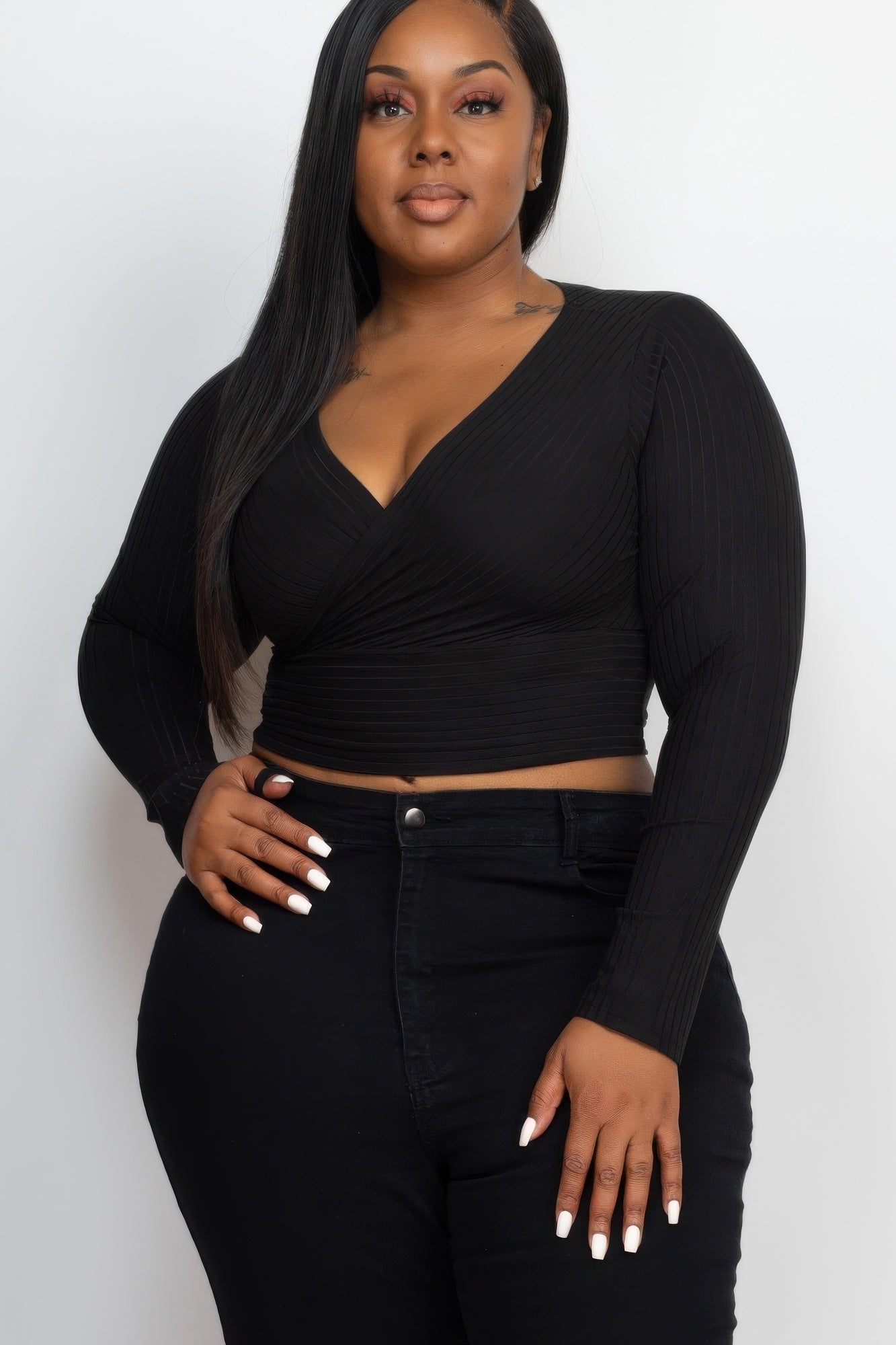 Downtown brown plus-size ribbed wrap-front long-sleeve crop top