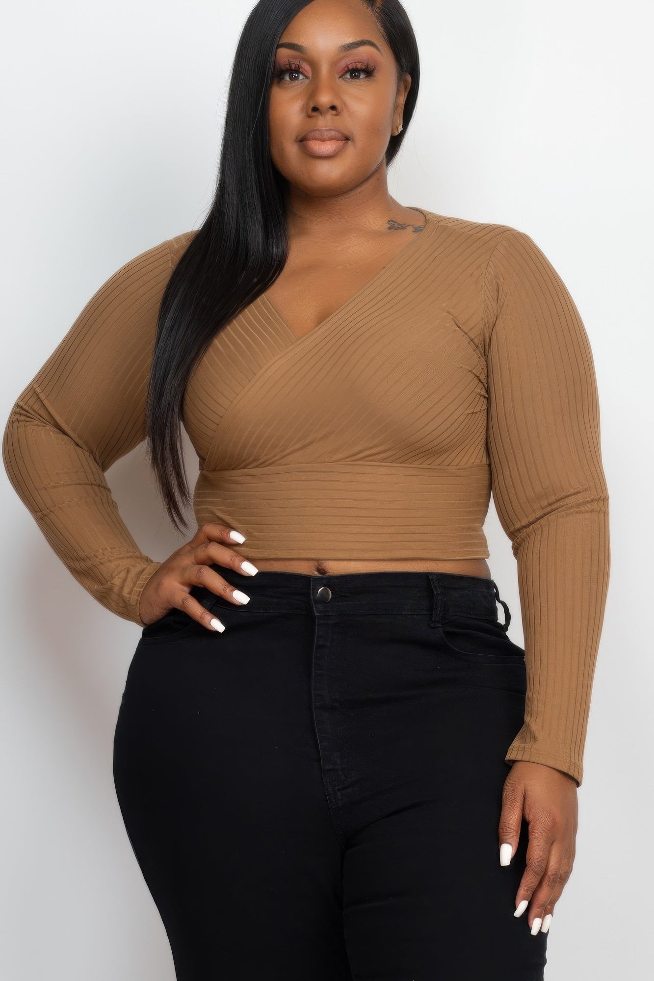 Sun Baked plus-size ribbed wrap-front long-sleeve crop top