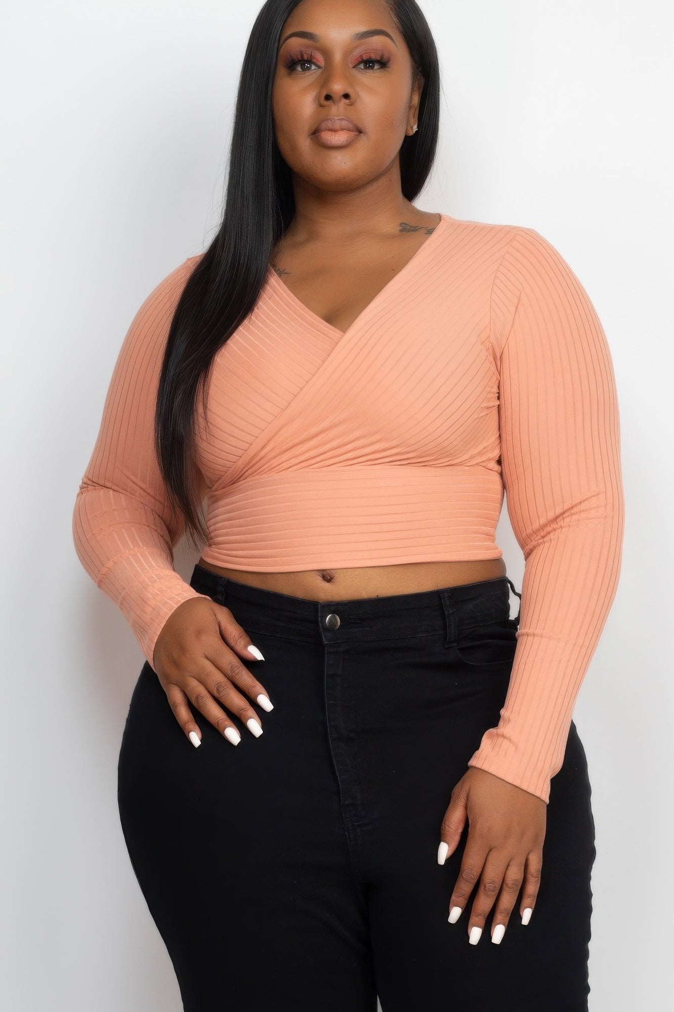 Blue Haze plus-size ribbed wrap-front long-sleeve crop top