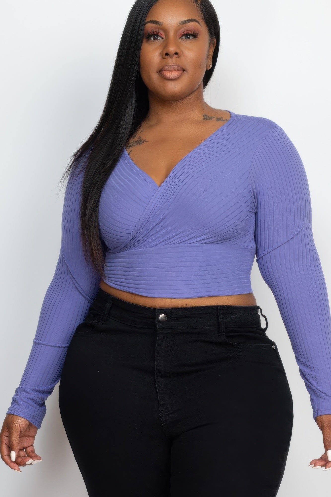 Chive Blossom plus-size ribbed wrap-front long-sleeve crop top