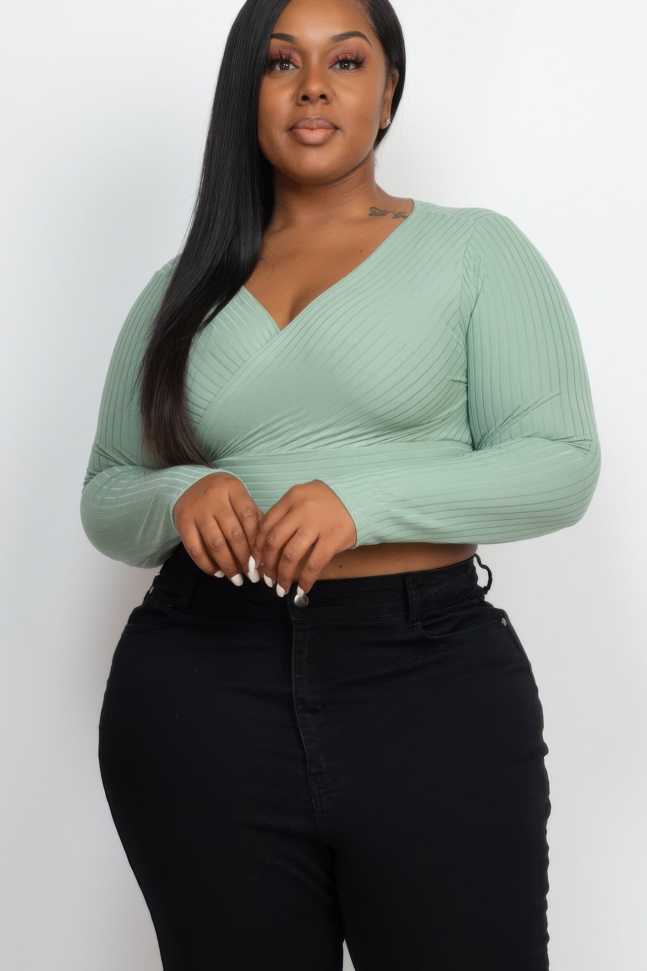 Green Bay plus-size ribbed wrap-front long-sleeve crop top