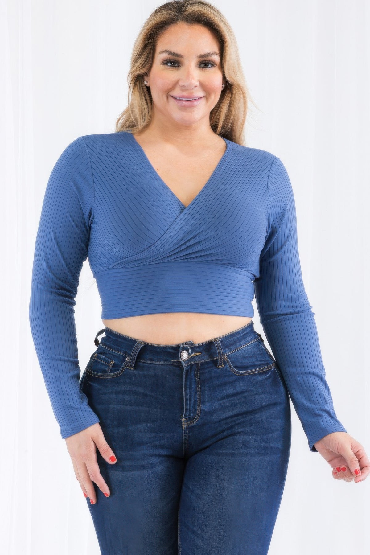 Blue plus-size ribbed wrap-front long-sleeve crop top