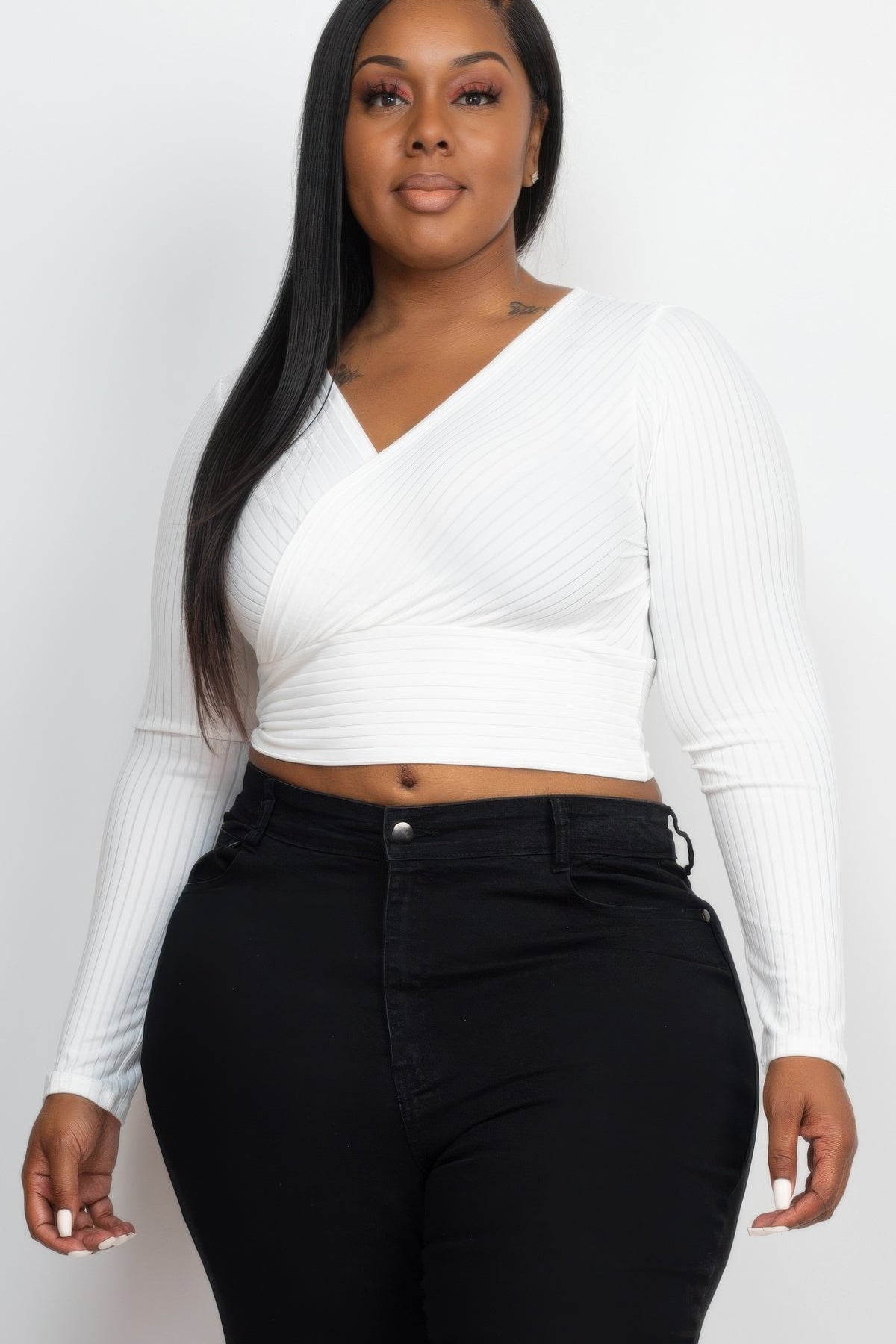 White plus-size ribbed wrap-front long-sleeve crop top