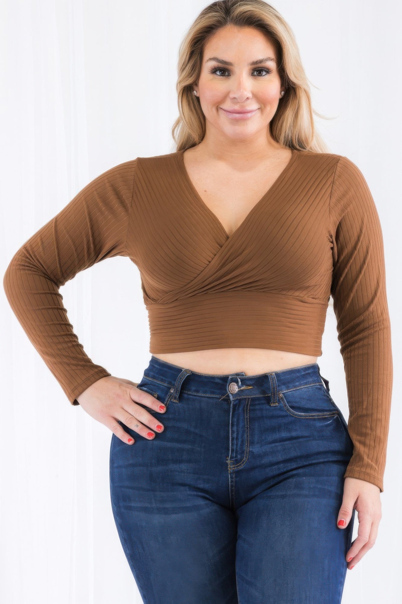 Mocha plus-size ribbed wrap-front long-sleeve crop top