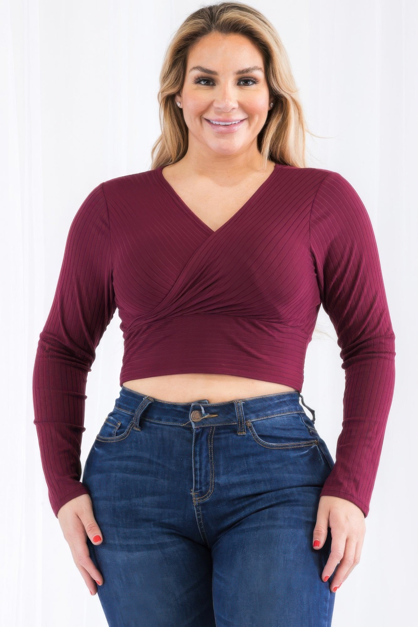 Burgundy plus-size ribbed wrap-front long-sleeve crop top
