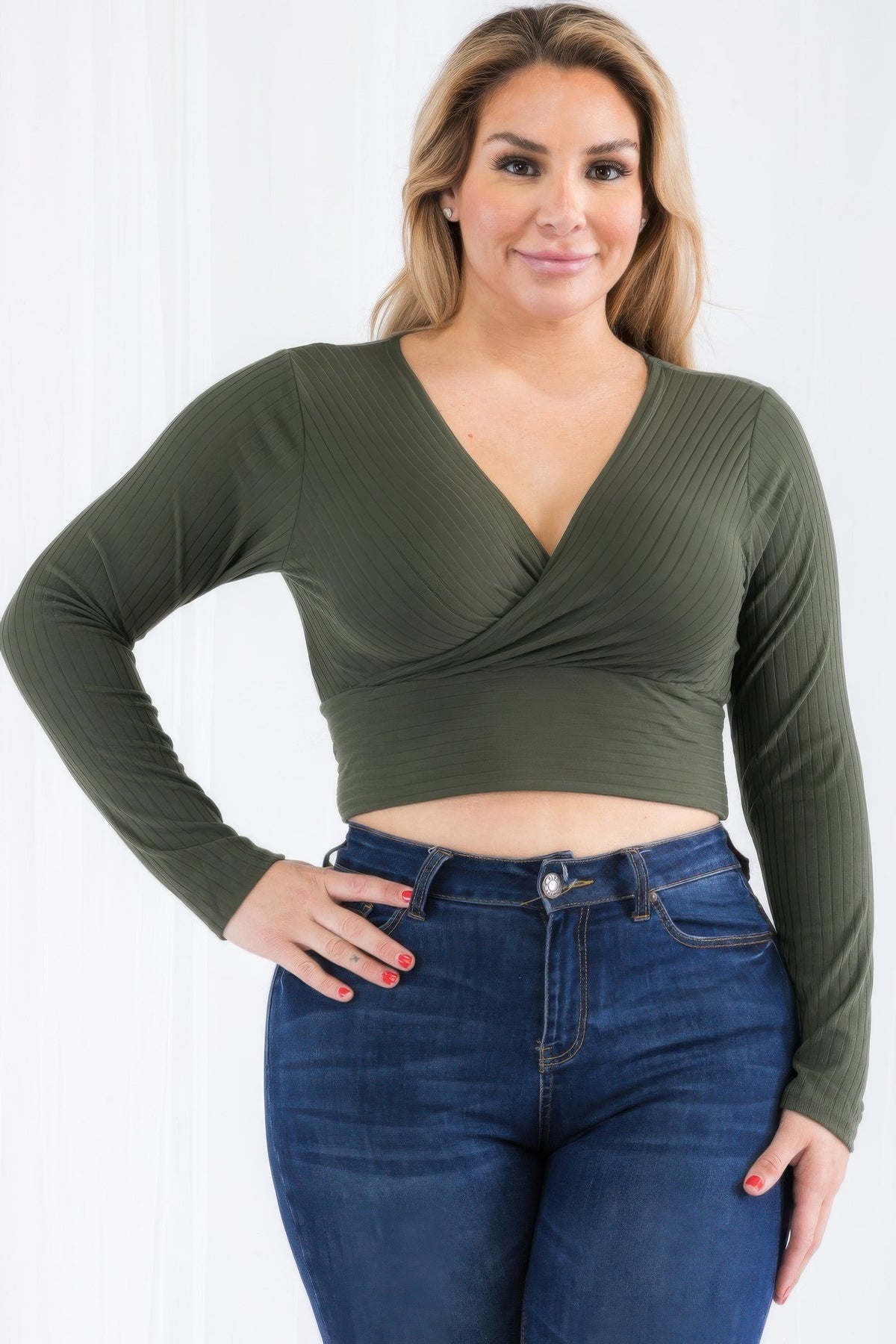 Olive plus-size ribbed wrap-front long-sleeve crop top