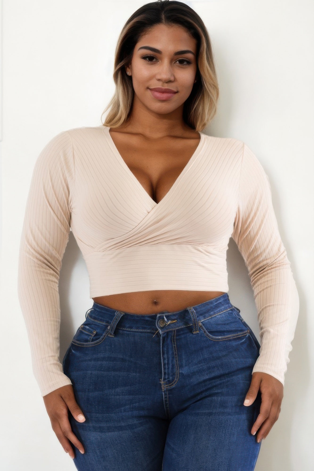 Khaki plus-size ribbed wrap-front long-sleeve crop top