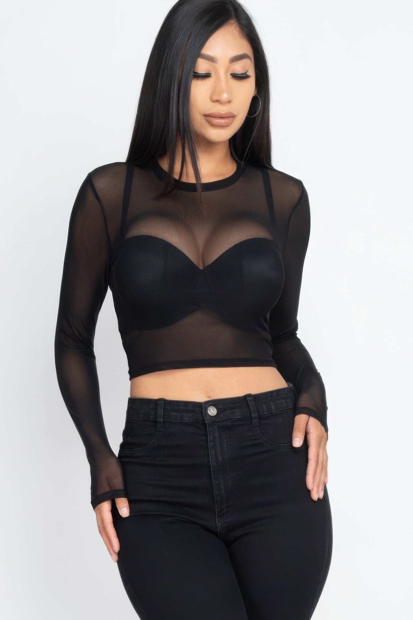 Black After Dark Sheer Mesh Crop Top styled over a black bralette, front three-quarter view