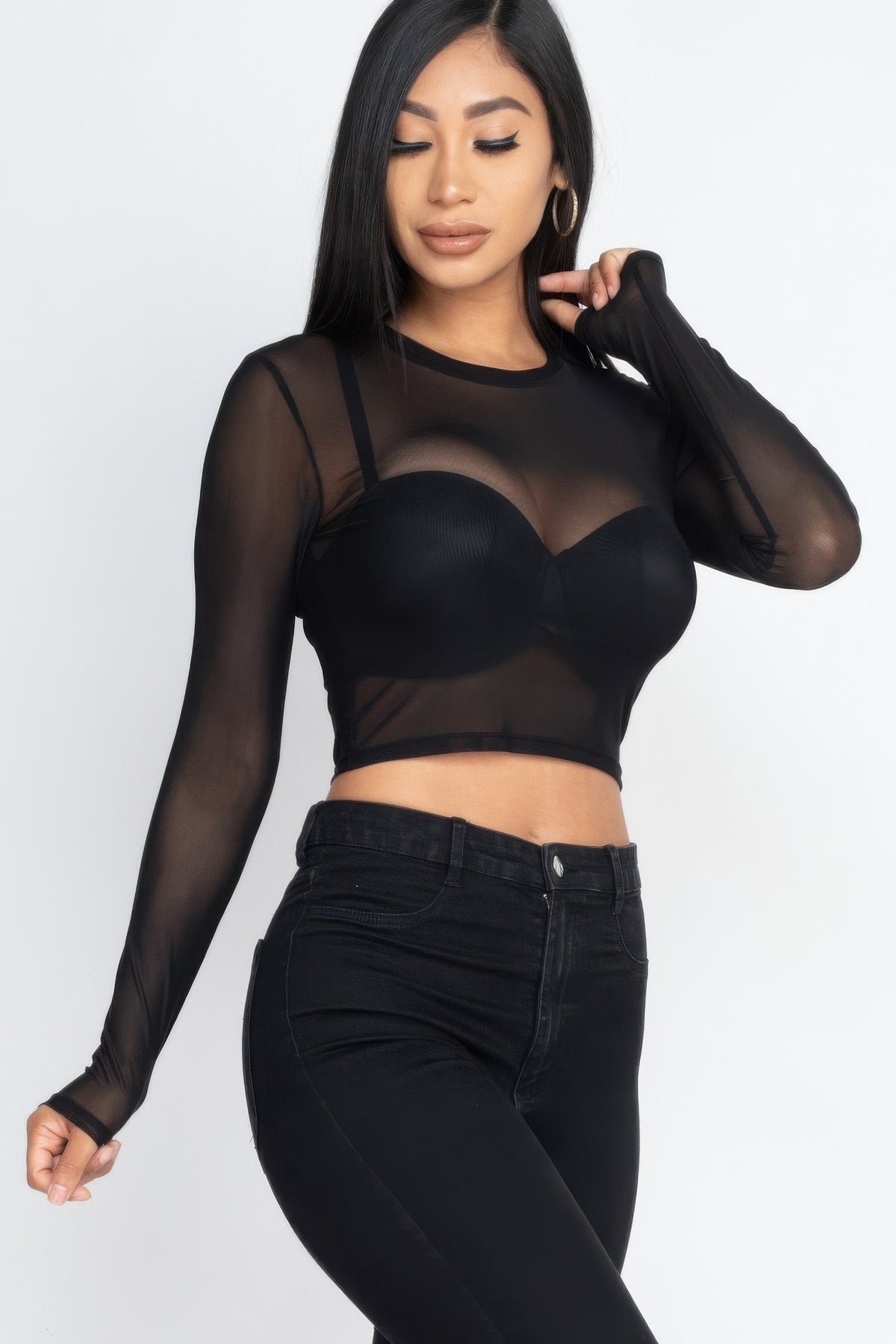 Black After Dark Sheer Mesh Crop Top, upper-body front view with long fitted sleeves