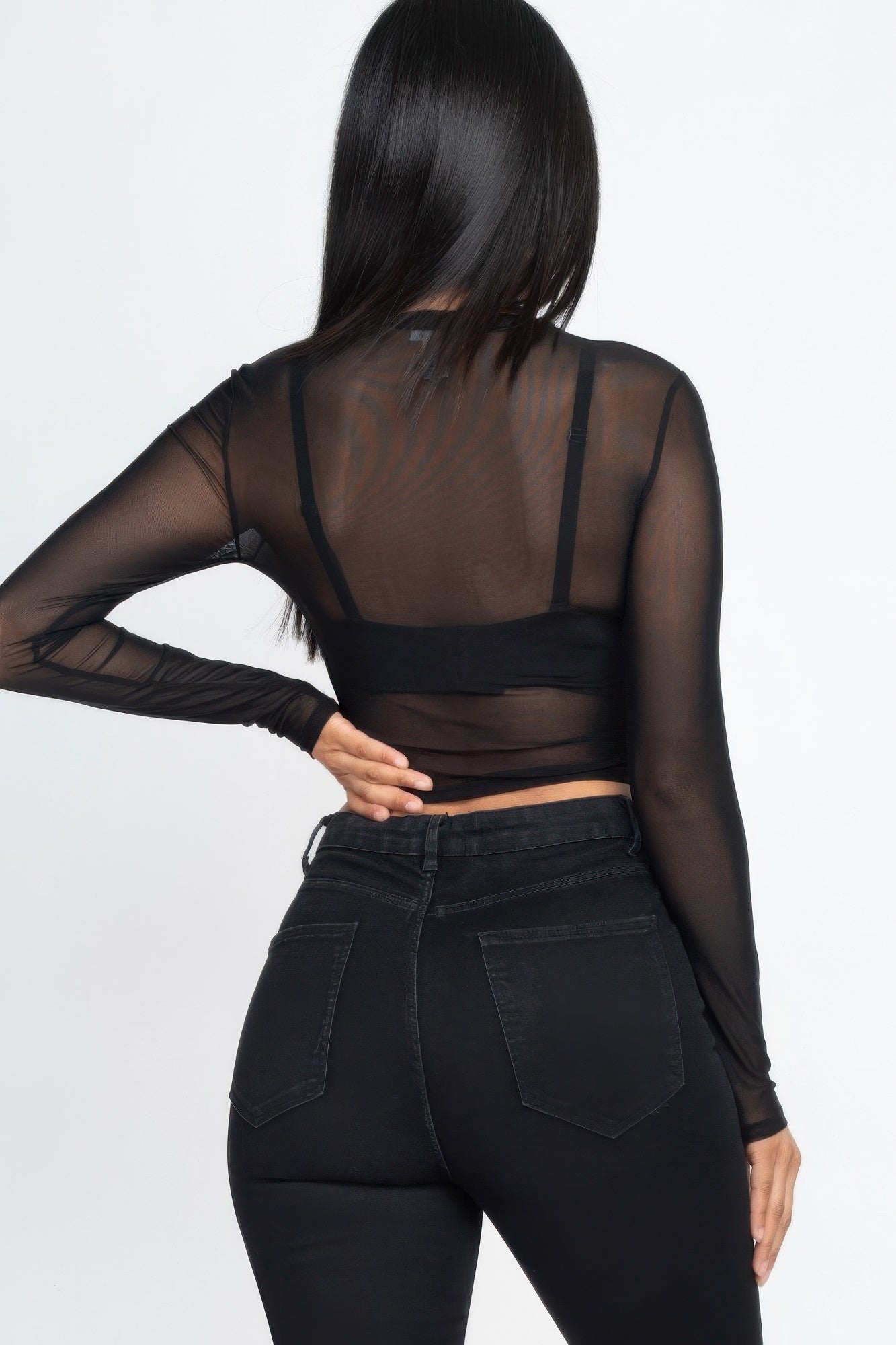 Back view of the black After Dark Sheer Mesh Crop Top showing the sheer long sleeves and straight cropped hem