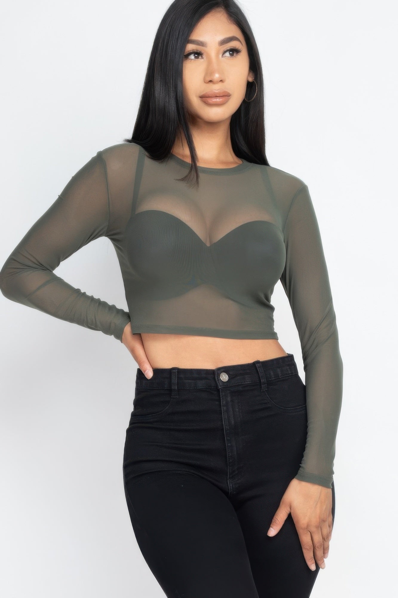 Olive After Dark Sheer Mesh Crop Top styled over a tonal bralette, front view