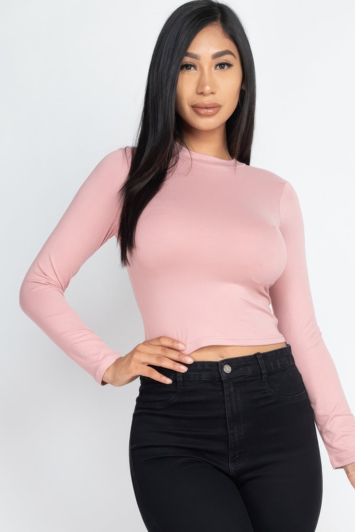 Mauve Mock Neck Solid Long Sleeve Top shown from the front with fitted wrist-length sleeves