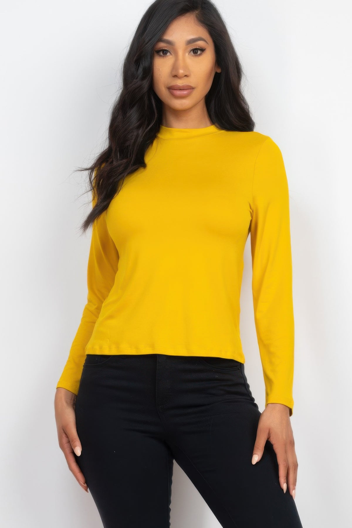 Mustard Mock Neck Solid Long Sleeve Top shown from the front with a straight waist-length hem