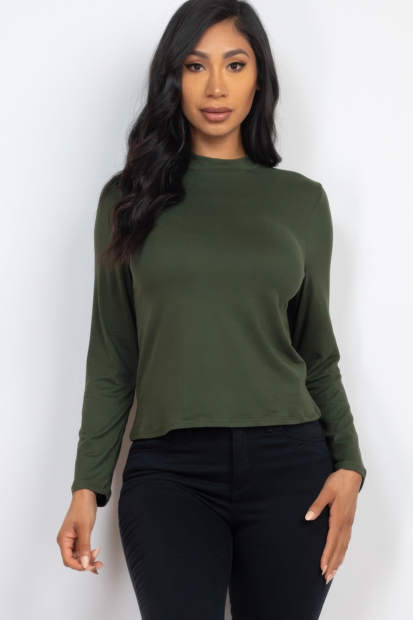 Olive Mock Neck Solid Long Sleeve Top shown from the front in smooth solid jersey