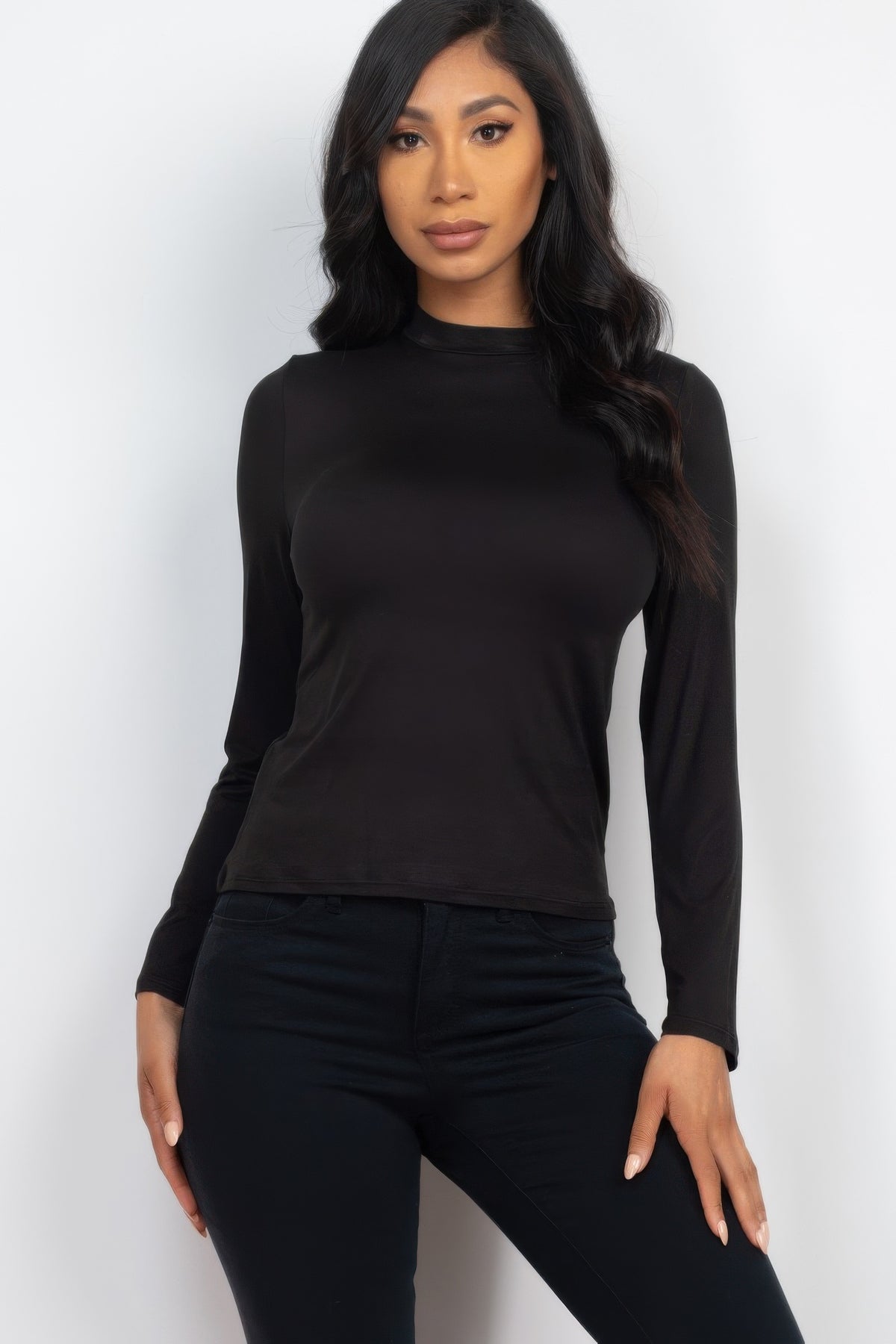 Black Mock Neck Solid Long Sleeve Top shown from the front with fitted sleeves and a plain finish