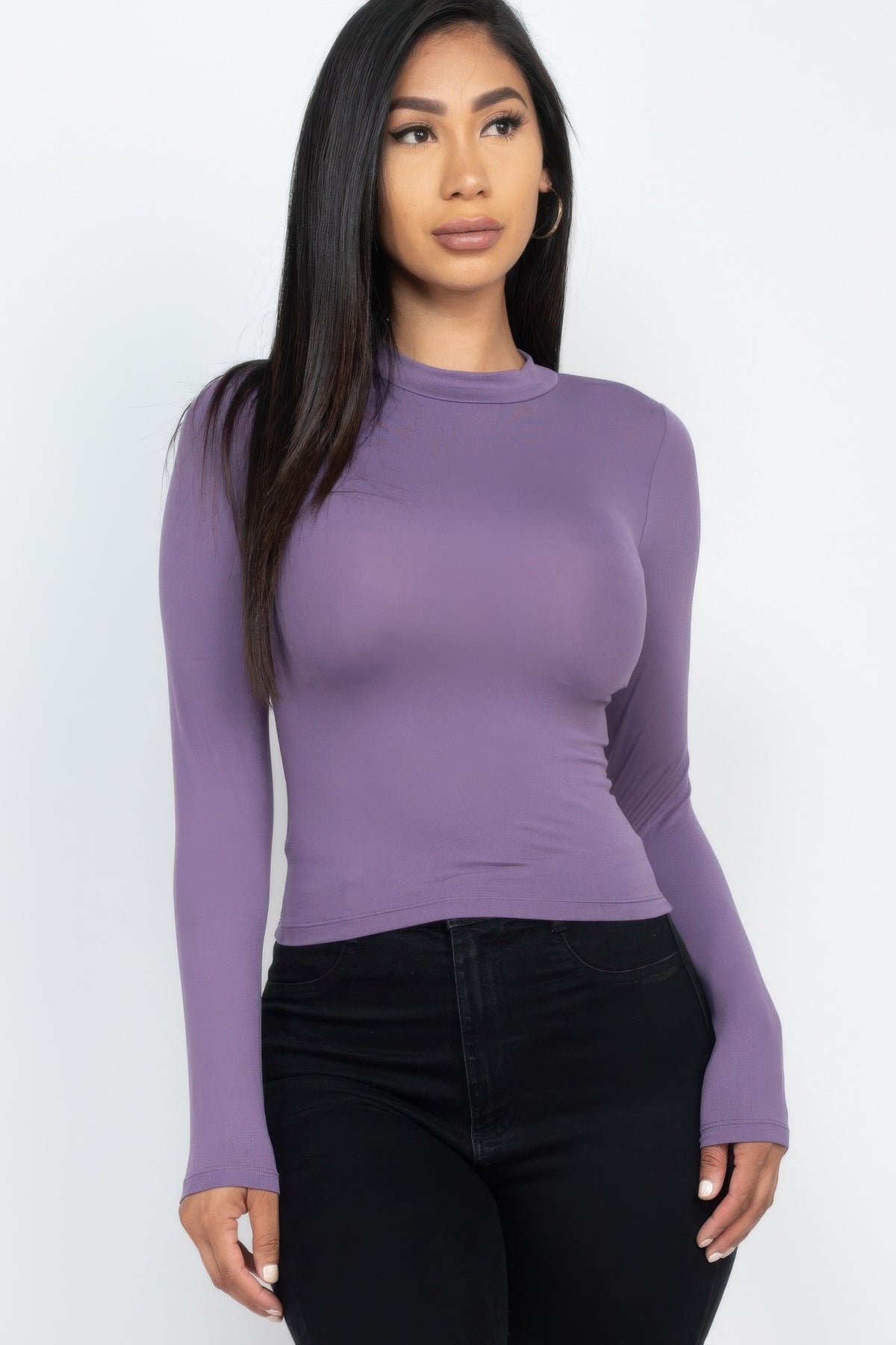 Grape Mock Neck Solid Long Sleeve Top shown from the front with black jeans