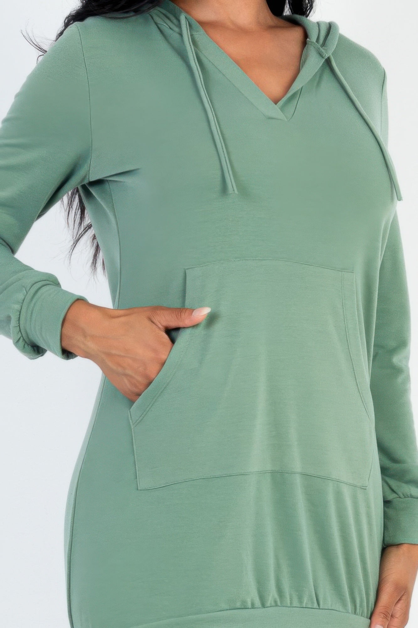 Close-up of the fern hoodie dress V-neck, drawstrings, cuffs, and kangaroo pocket