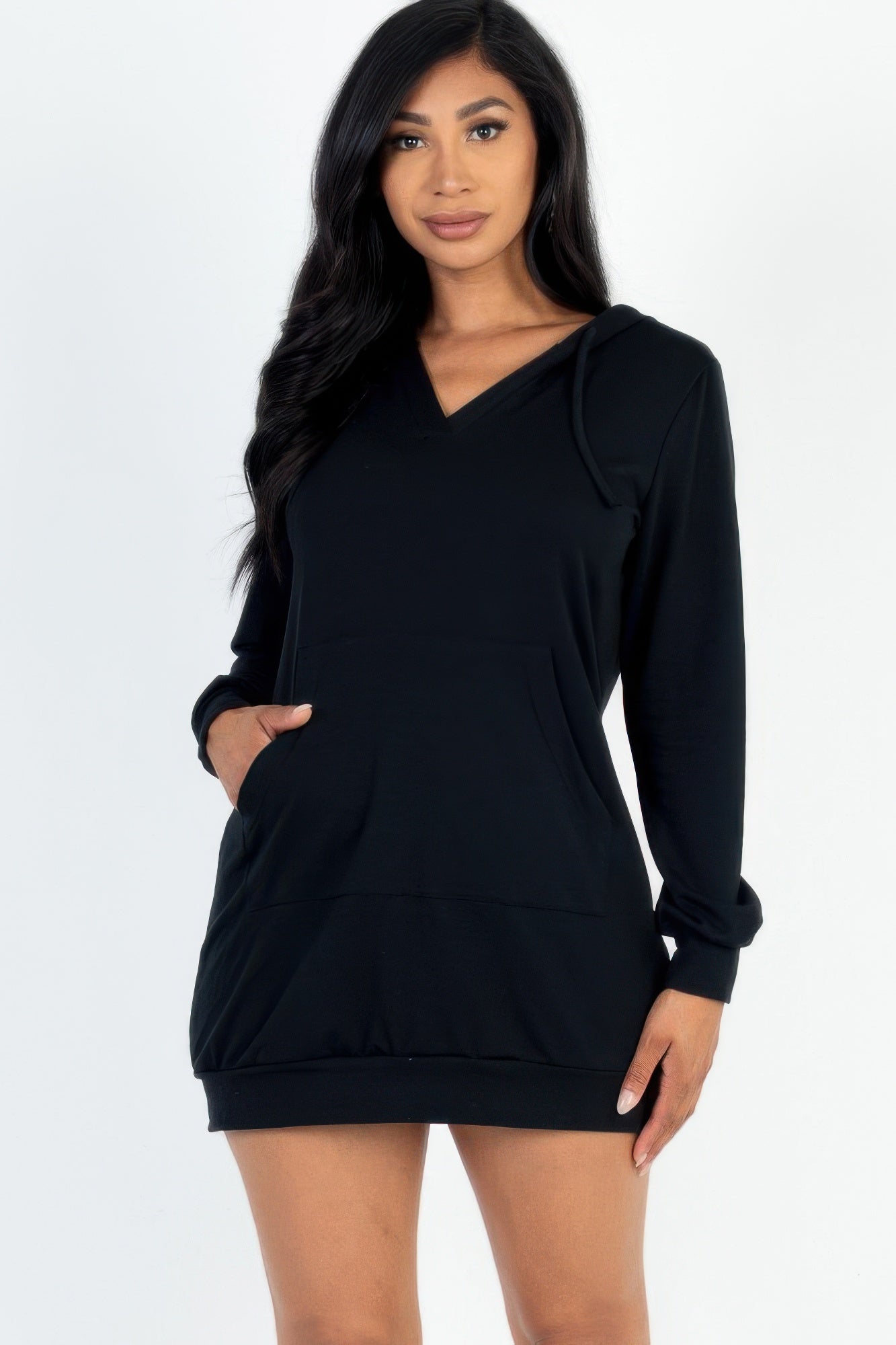 Front view of the black French Terry Hoodie Mini Dress