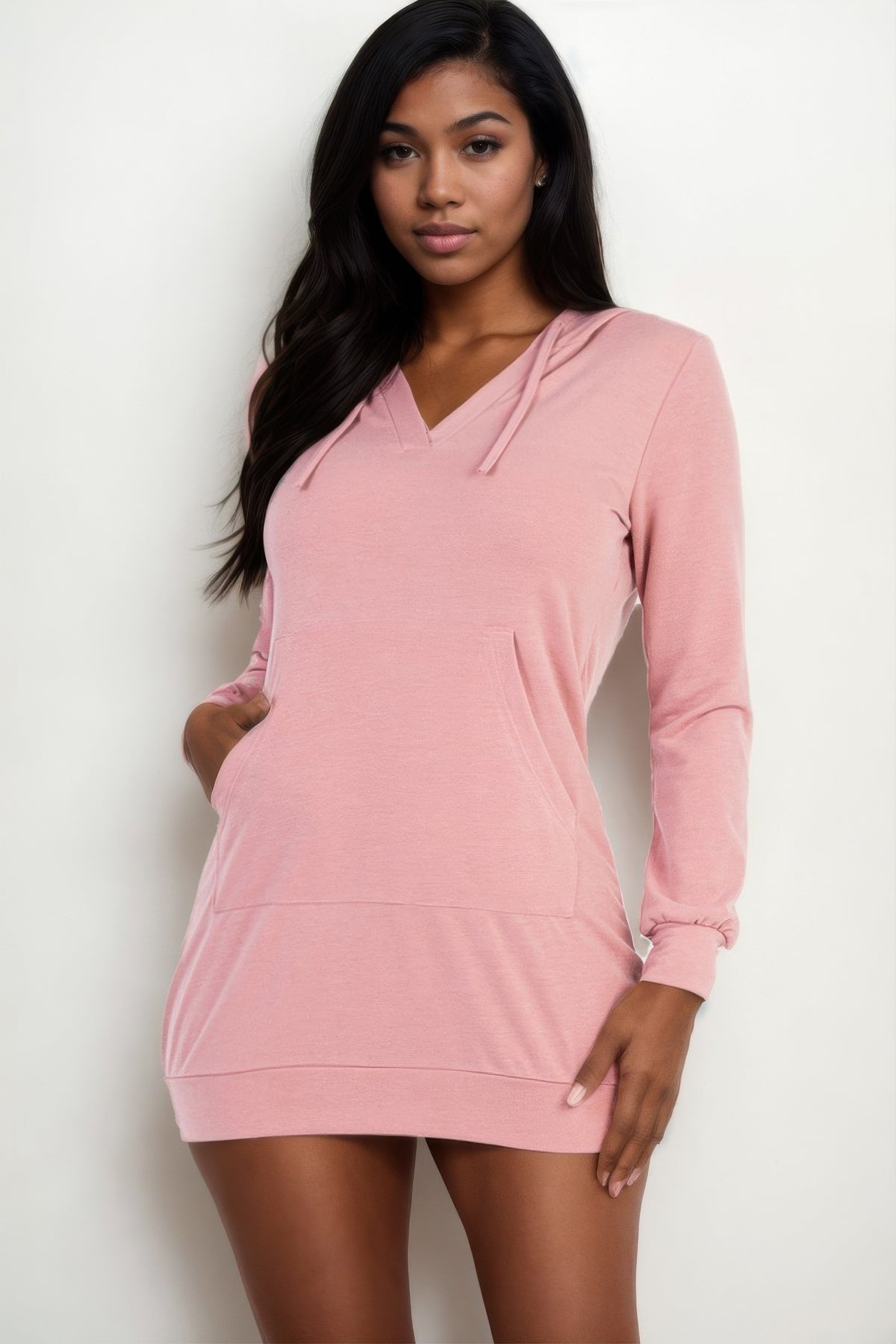 Front view of the rosewood French Terry Hoodie Mini Dress