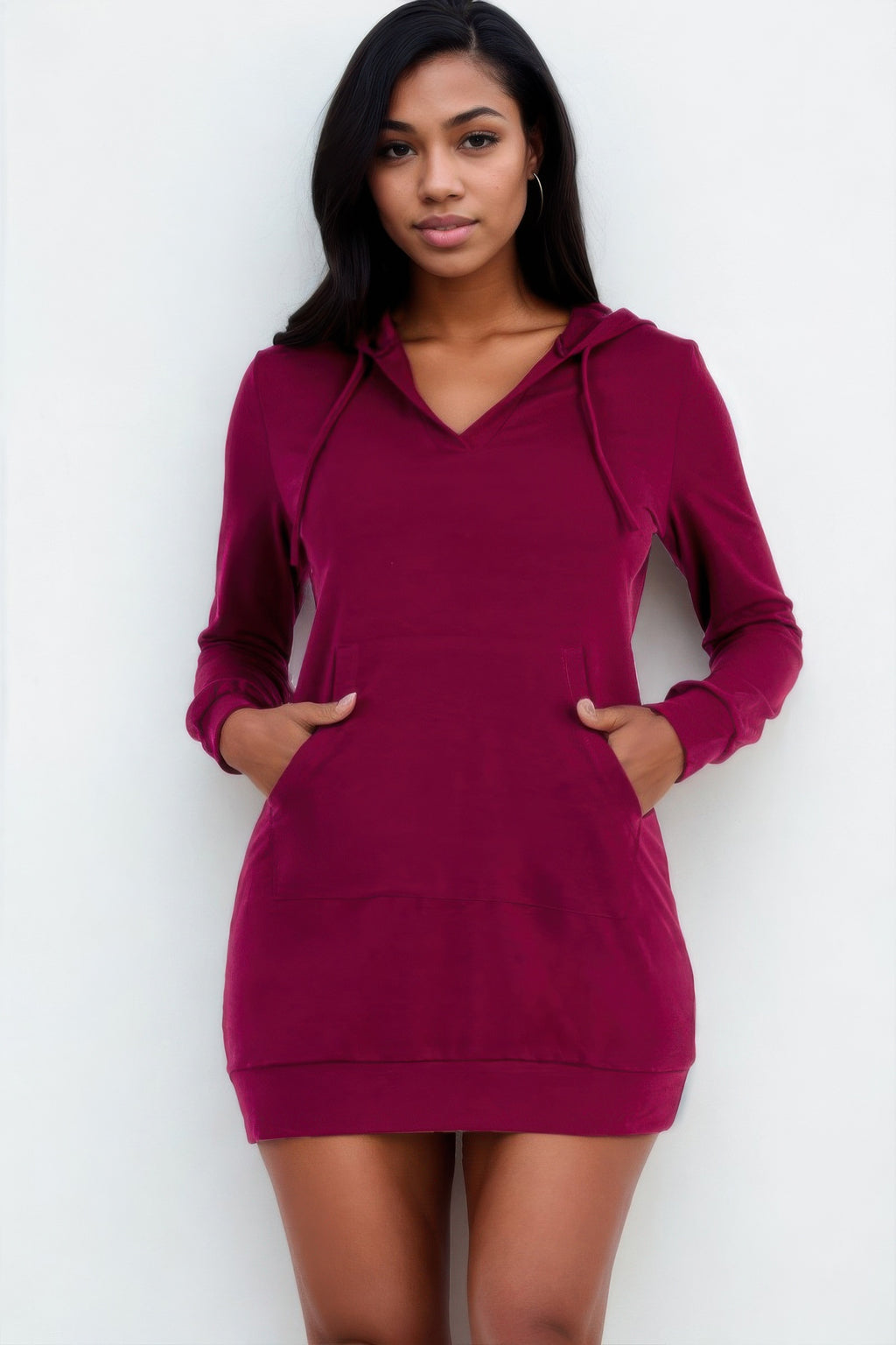 Front view of the burgundy French Terry Hoodie Mini Dress