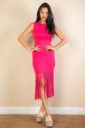 All Eyes Fringe Midi Dress sleeveless bodycon silhouette and fringe hem supplier view 6
