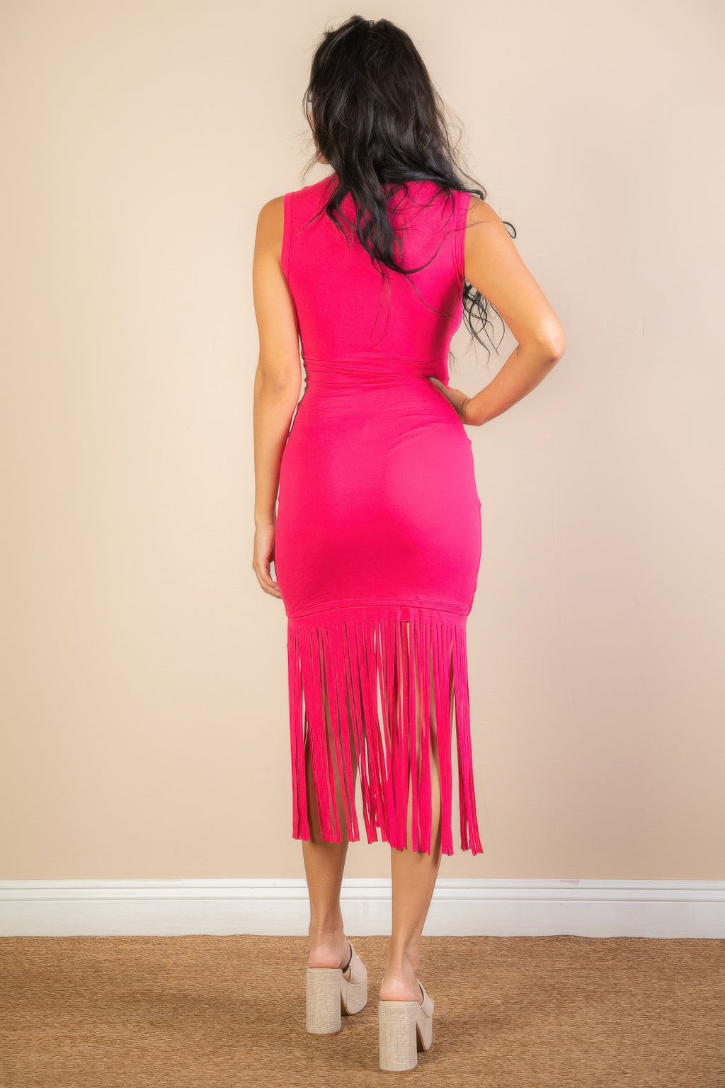 All Eyes Fringe Midi Dress sleeveless bodycon silhouette and fringe hem supplier view 10