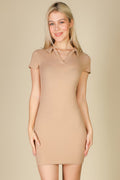 Country Club Ribbed Polo Mini Dress latte rib-knit polo mini dress front view showing fine vertical texture