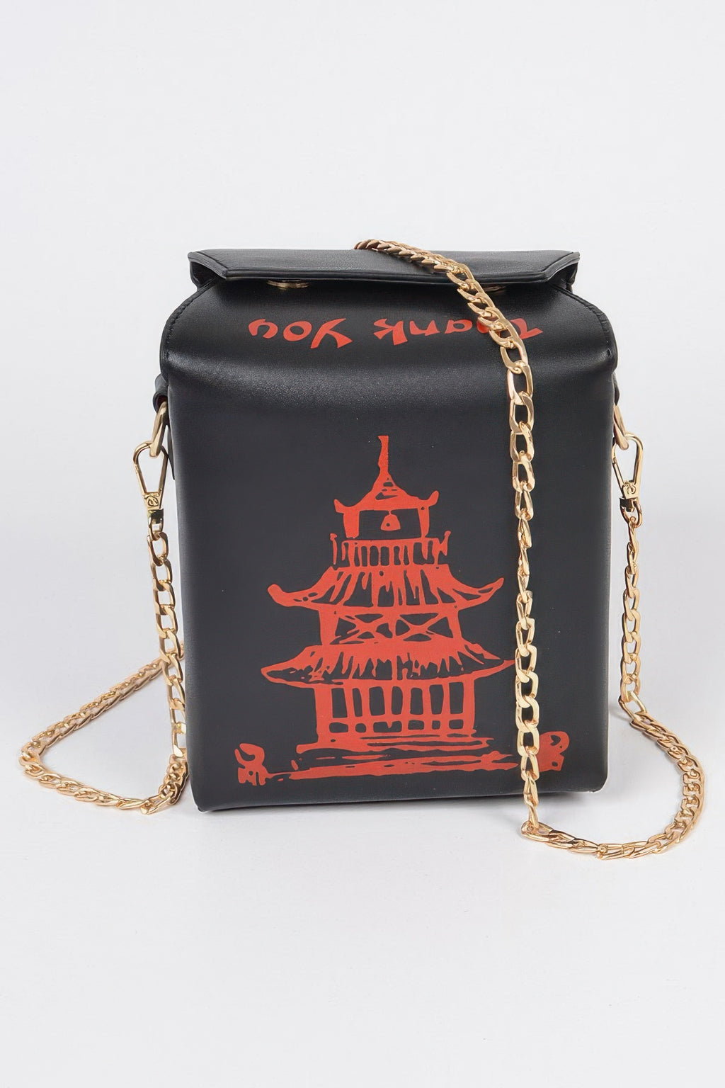 Black Chinese To Go Box Clutch front view with red pagoda graphic and gold chain