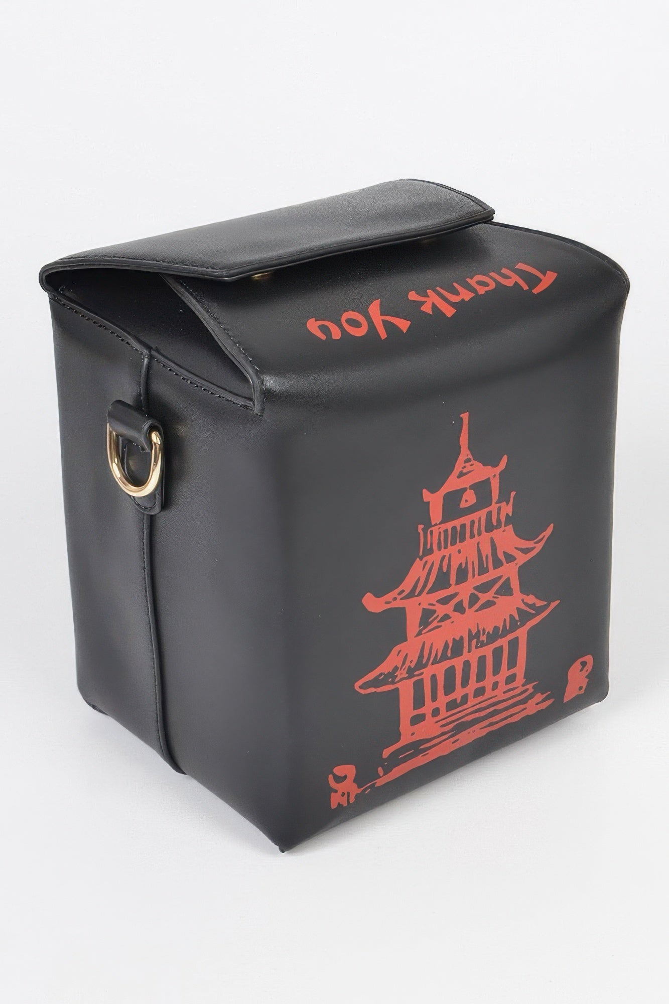 Black Chinese To Go Box Clutch angled side view showing structured takeout-box shape