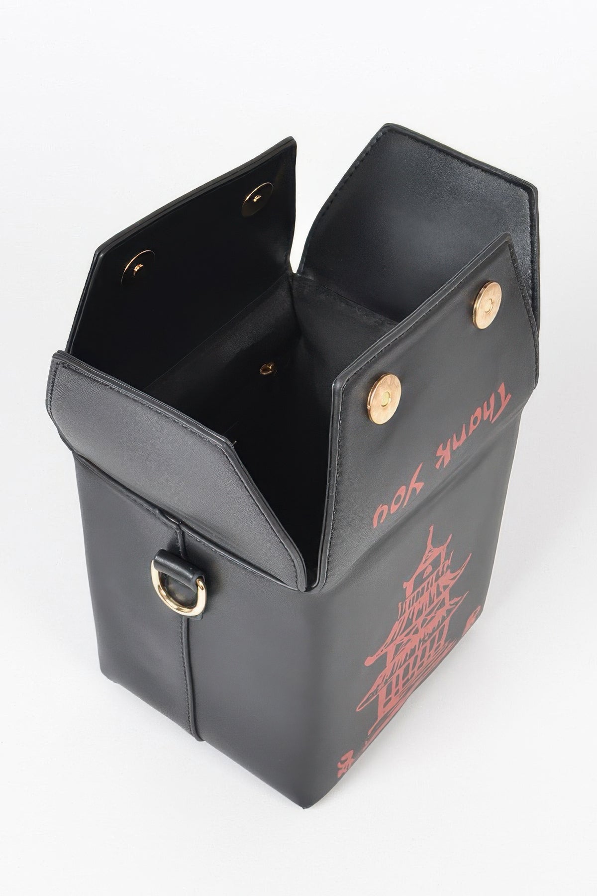 Black Chinese To Go Box Clutch open view showing folded magnetic flaps and interior
