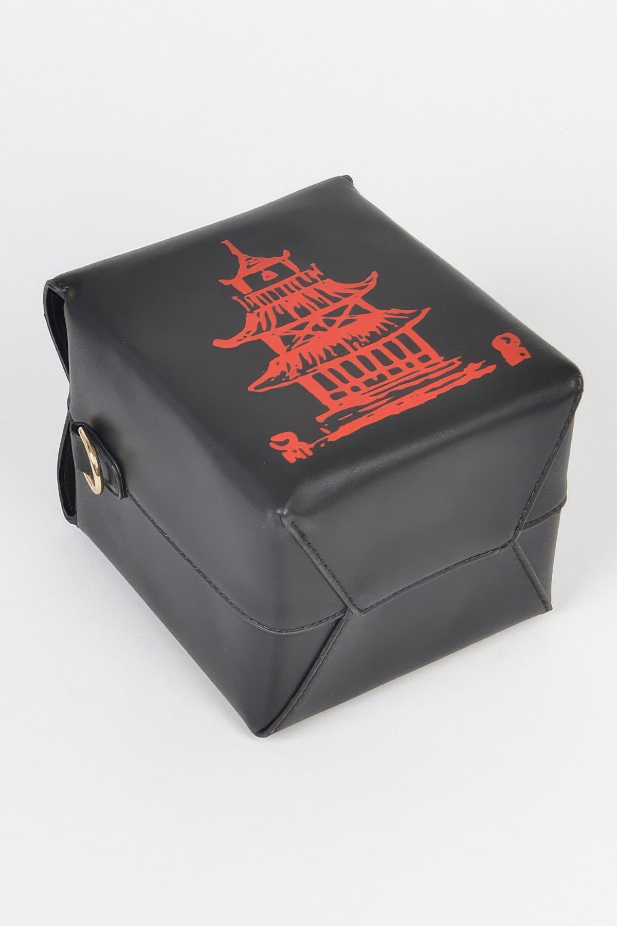 Black Chinese To Go Box Clutch bottom view showing folded carton construction